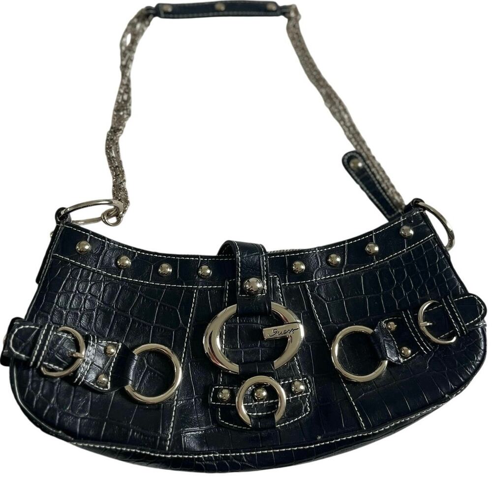 GUESS Cyber Y2K Croc-embossed Shoulder Bag Studded Buckle Bag MotoPunk McBling